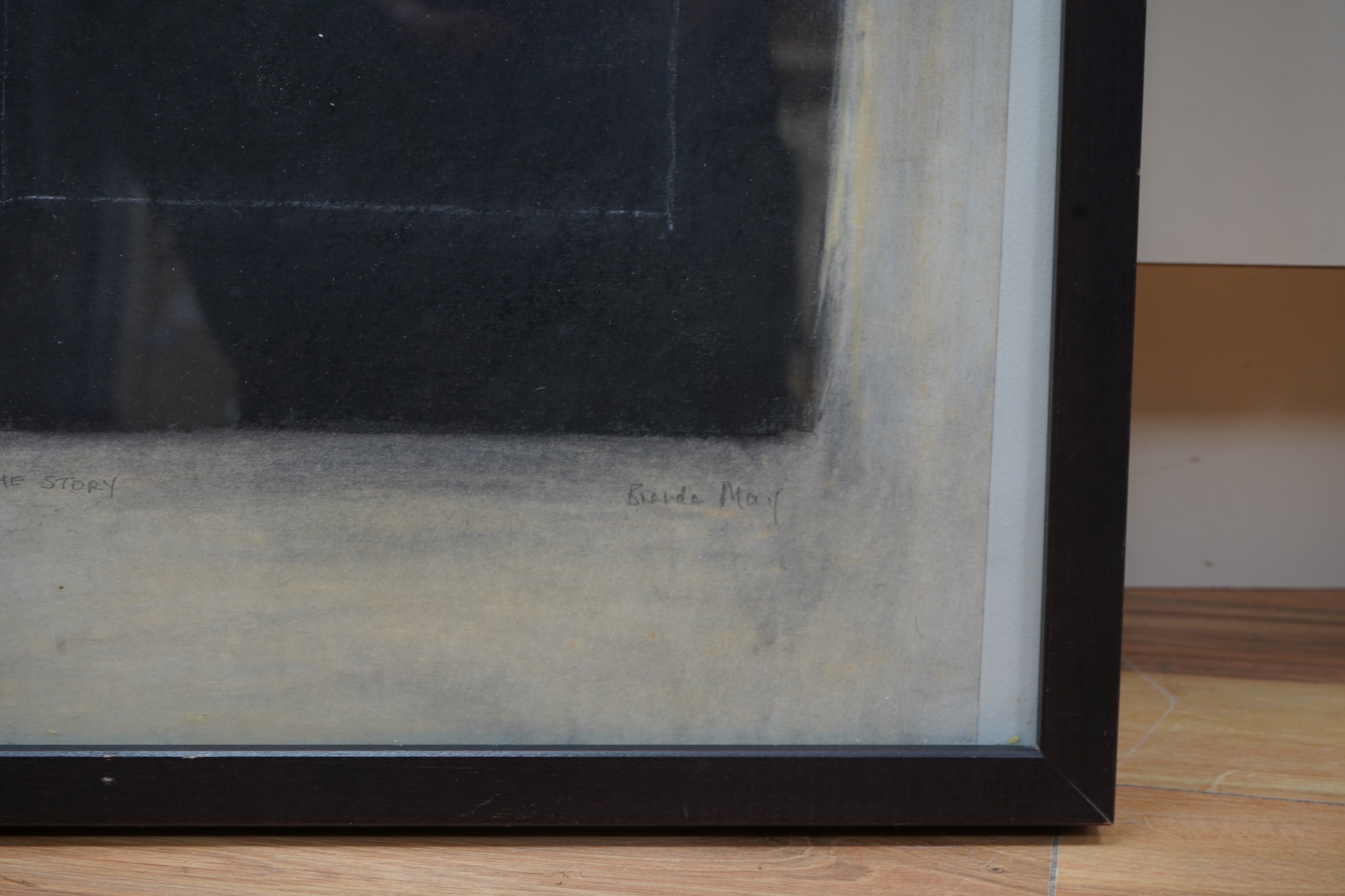 Brenda May (Modern British), a collection of four works to include an abstract charcoal, ‘End of the Story’ and three pencil signed collagraph prints, one titled ‘Pavement Picture’, three framed, largest 49 x 35cm